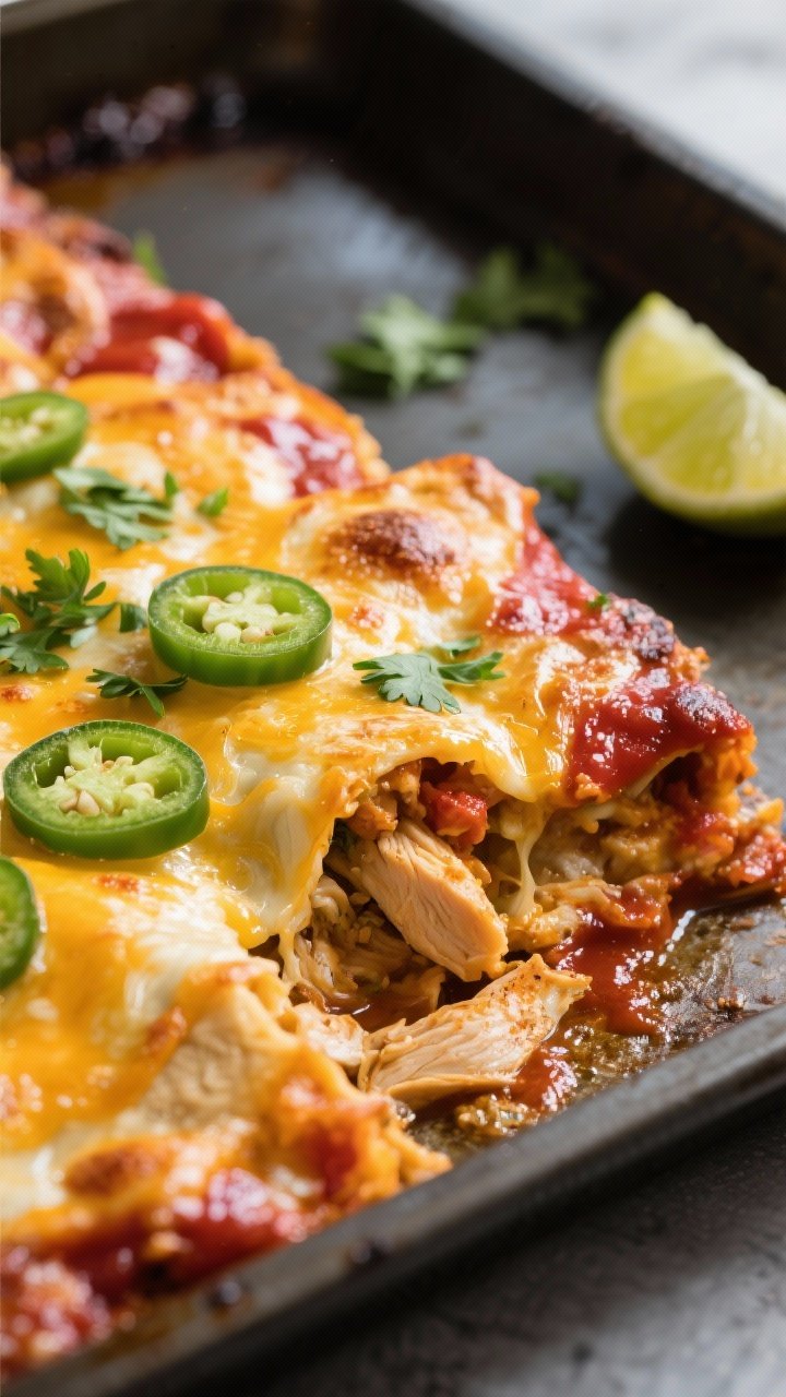 Close-up detail: Golden, bubbly Keto Chicken Enchilada Bake just out of the oven, cheese lightly bli