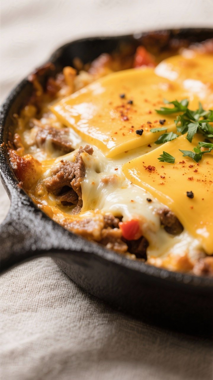 Close-up detail: Golden, bubbly Keto Philly Cheesesteak Casserole just out of the oven, with melted 