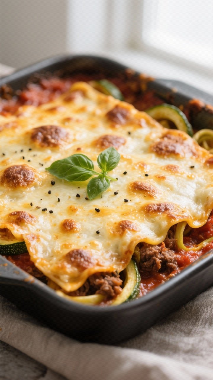 Close-up detail: Golden, bubbly top layer of keto beef lasagna fresh from the oven, mozzarella melte