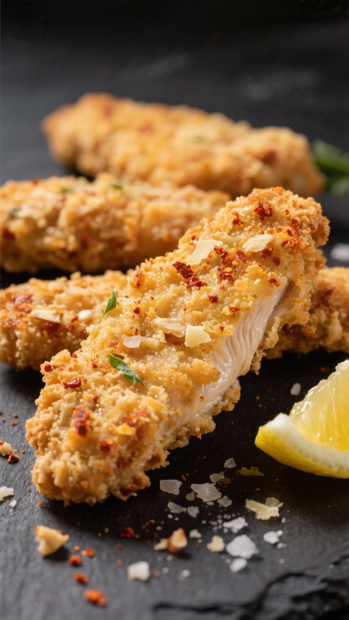 Close-up detail: Golden, crispy keto chicken tenders just out of the air fryer, crust made from almo