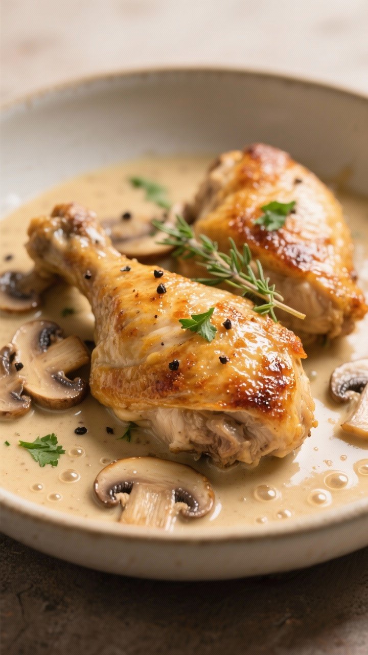 Close-up detail: Golden, crispy-skinned chicken thighs nestled in a silky mushroom cream sauce, show