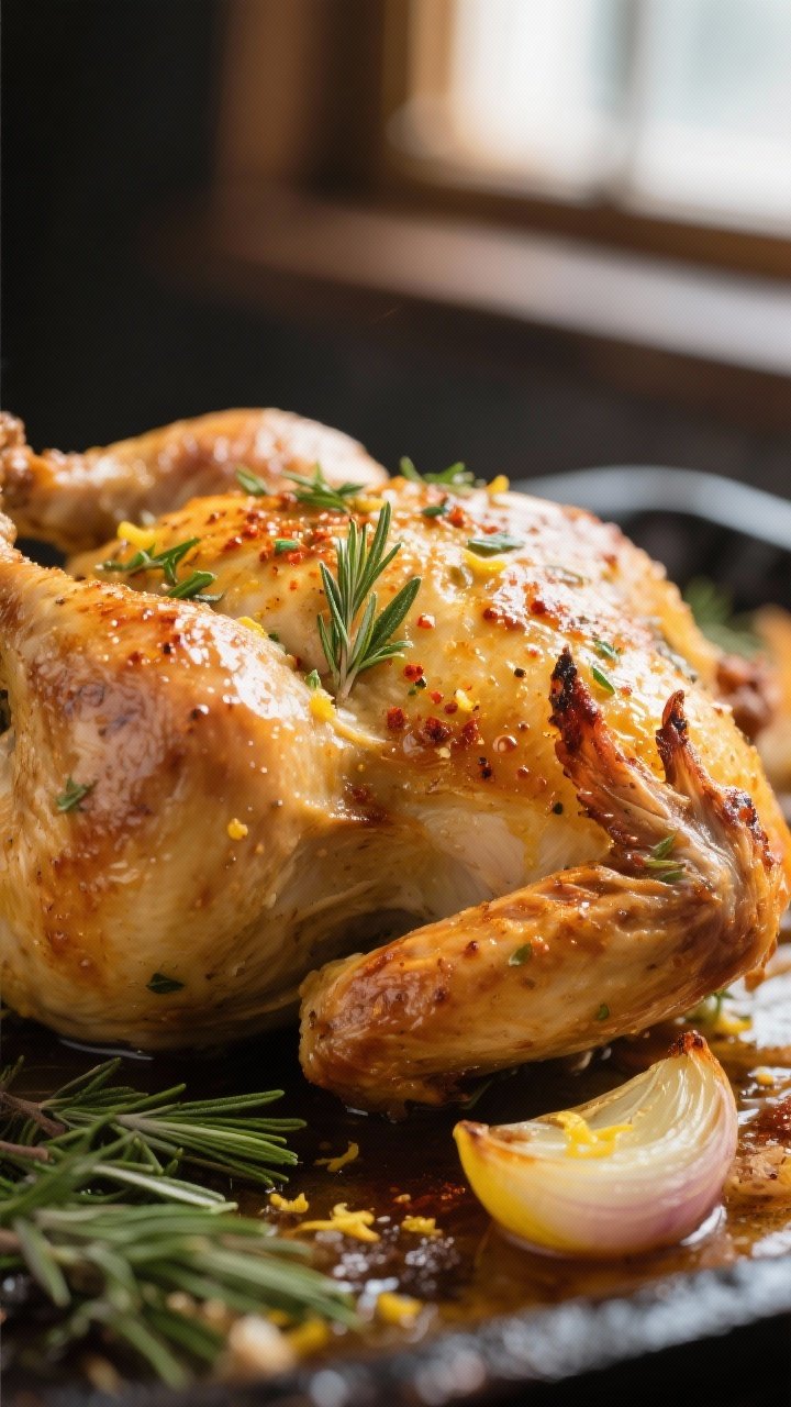 Close-up detail: Golden, crispy-skinned roasted whole chicken fresh from the oven, skin blistered an