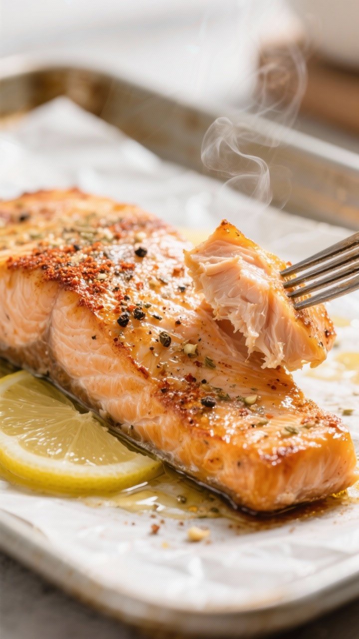 Close-up detail: Golden, oven-baked salmon fillet just out of the oven at 400°F, edges slightly cri