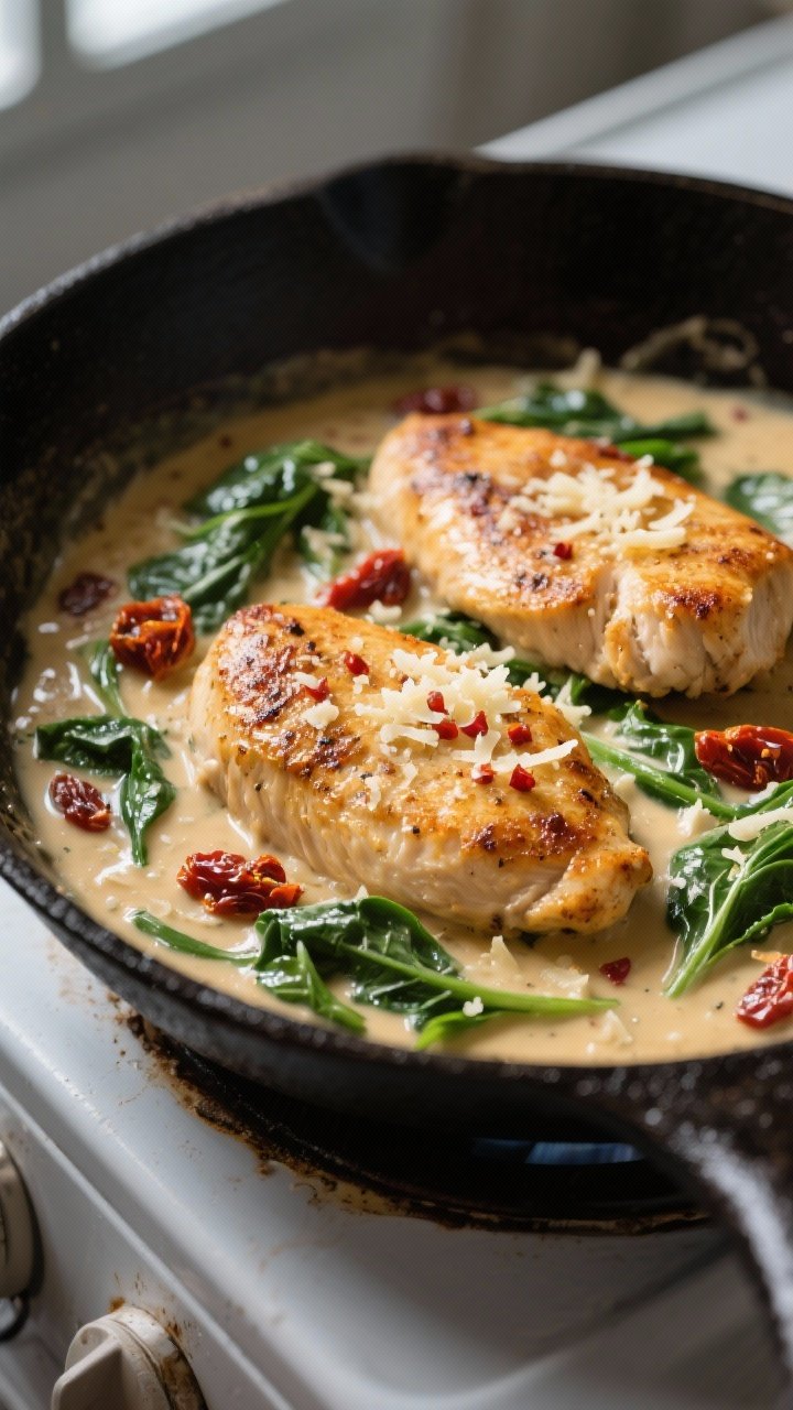 Close-up detail: Golden pan-seared chicken cutlets nestled in a silky garlic–Parmesan cream sauce