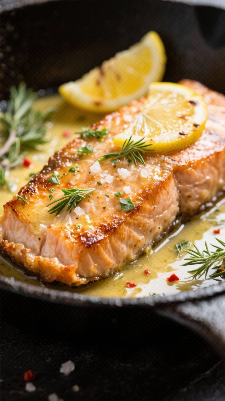 Close-up detail: Golden, pan-seared lemon herb keto salmon just out of the oven, crisp caramelized e