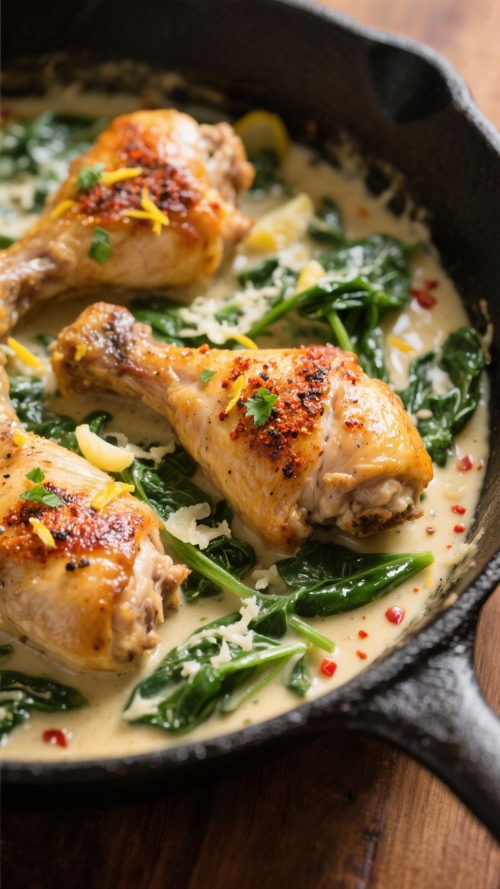 Close-up detail: Golden, roasted chicken thighs just nestled into a creamy spinach-parmesan sauce in