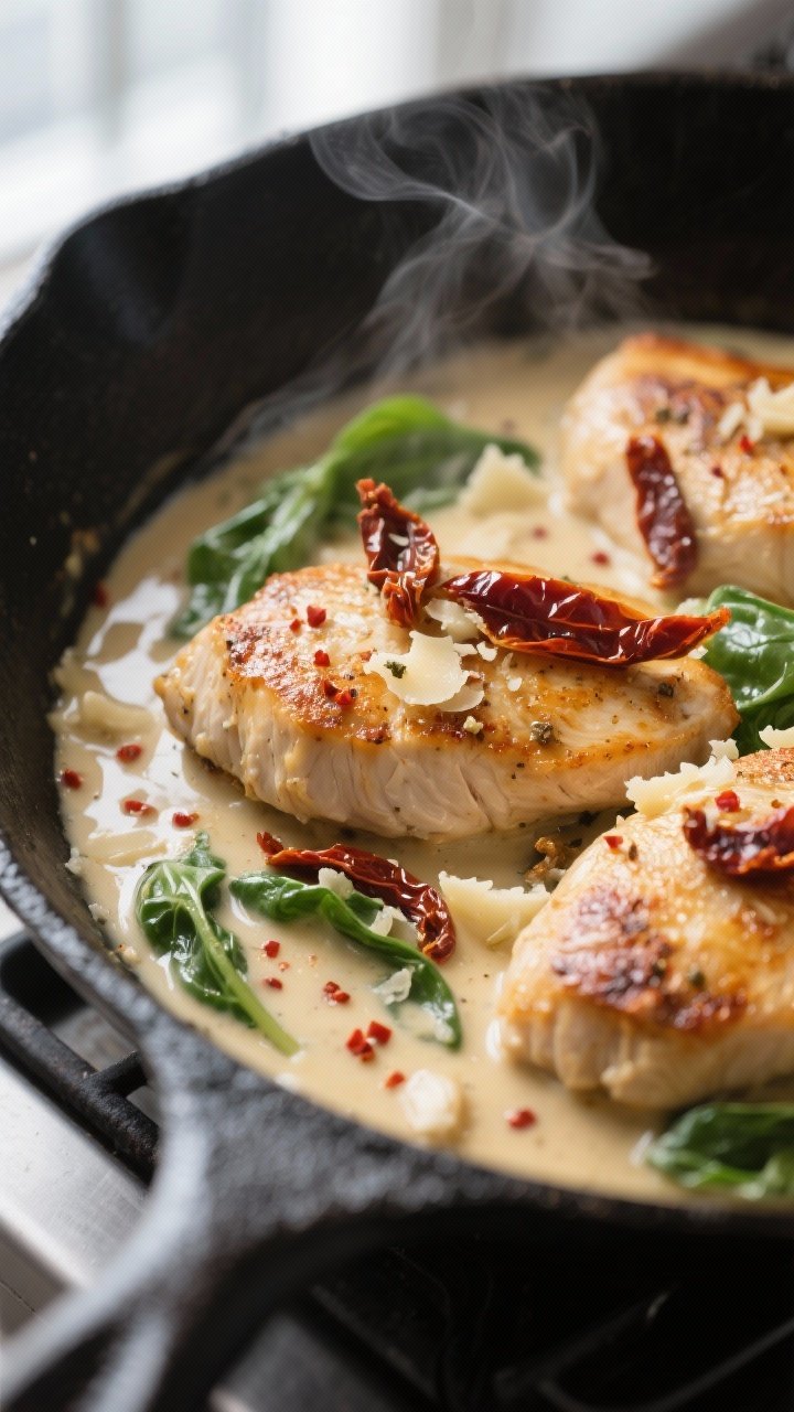 Close-up detail: Golden-seared chicken breasts nestled in a silky Tuscan cream sauce mid-simmer in a