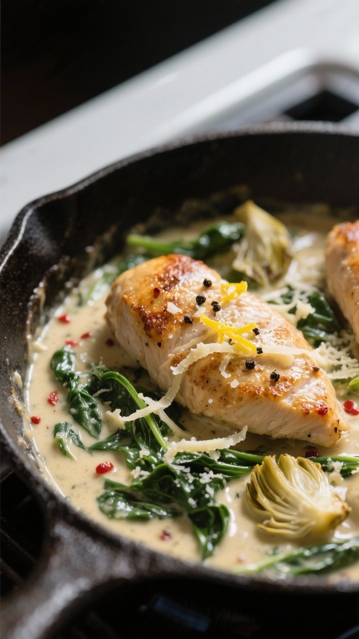 Close-up detail: Golden-seared chicken breasts nestled back into a thick, velvety spinach–artichok