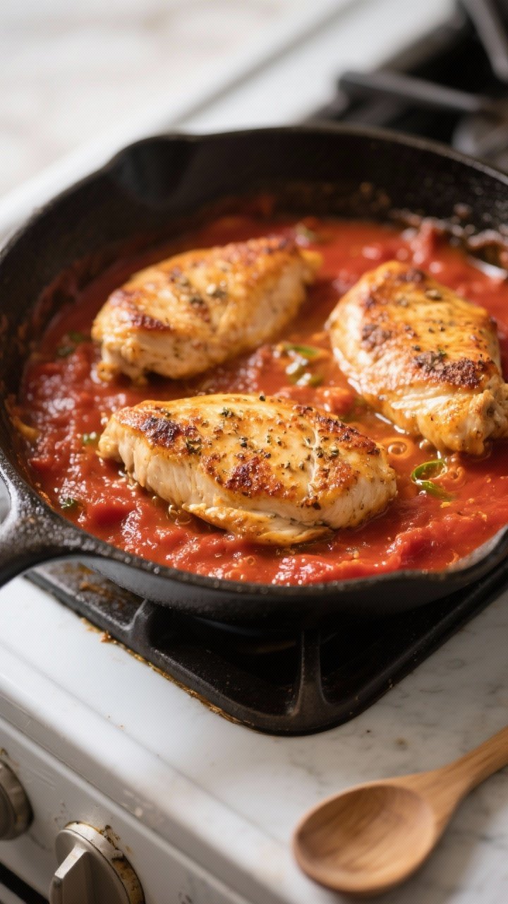 Close-up detail: Golden-seared chicken cutlets nestled in simmering low-sugar marinara inside an ove