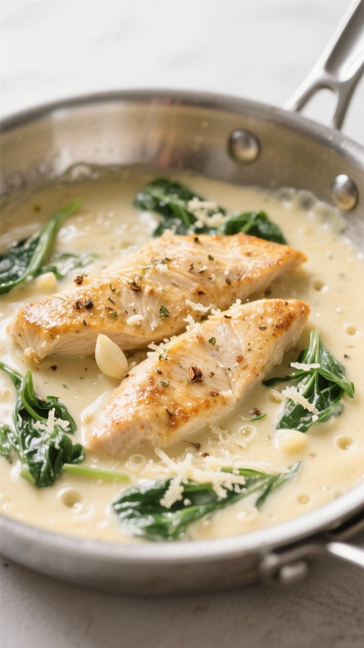 Close-up detail: Golden-seared chicken strips simmering in a silky Alfredo sauce in a stainless-stee