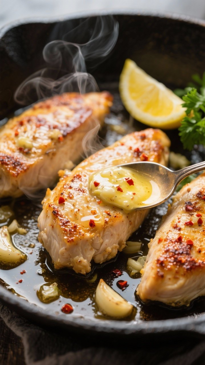 Close-up detail: Golden-seared garlic butter chicken tenderloins in a cast-iron skillet, glistening 