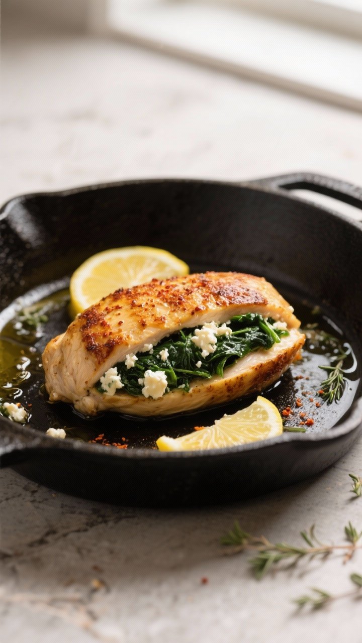 Close-up detail: Golden-seared spinach and feta stuffed chicken breast in a skillet just after stove