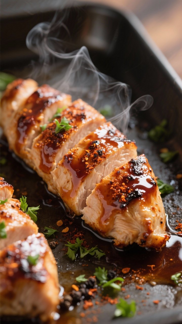 Close-up detail: Juicy BBQ baked chicken tenderloin just out of the oven, brushed with a glossy, car