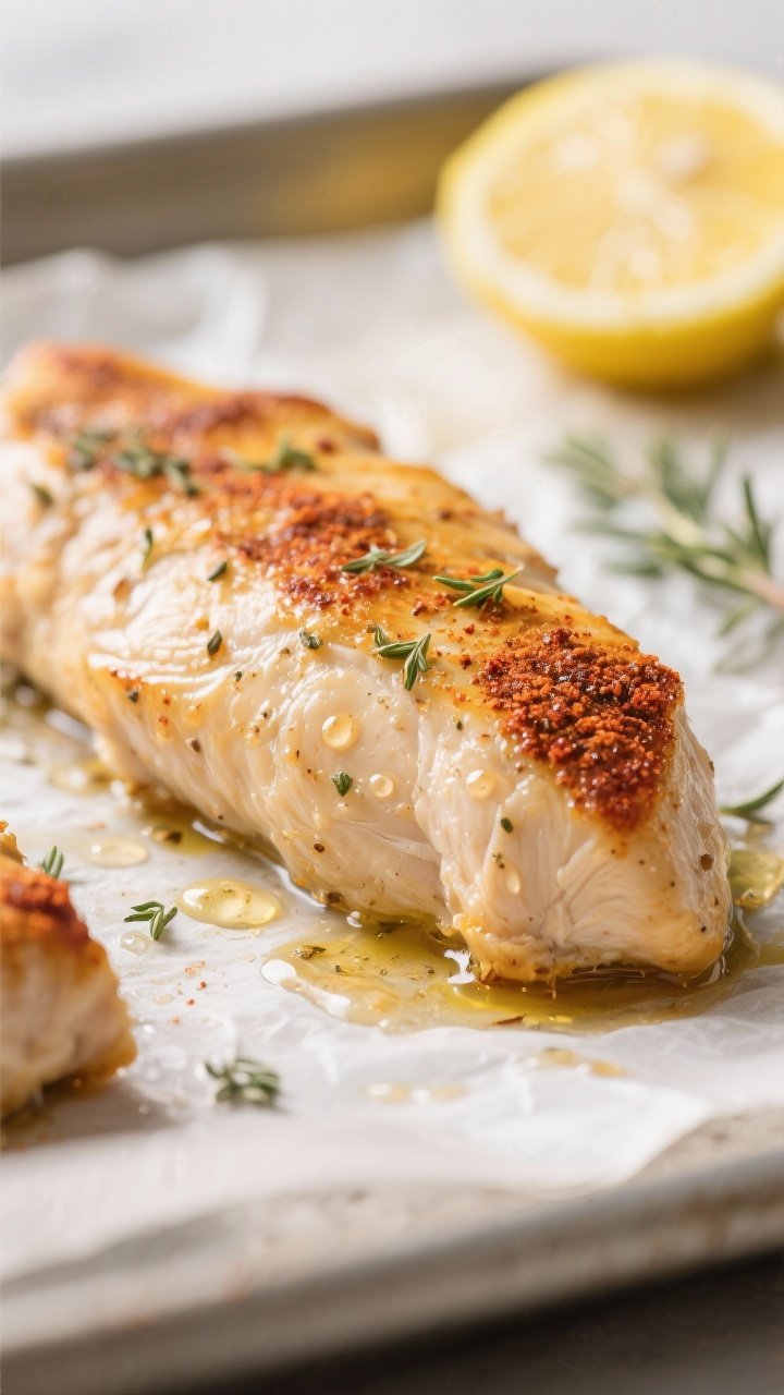 Close-up detail: Juicy oven-baked chicken tenderloin just out of the oven, golden edges from smoked 