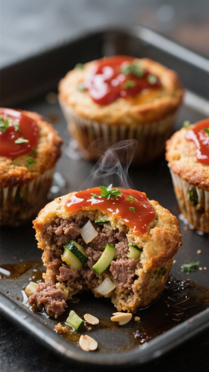 Close-up detail: Keto meatloaf muffins just out of the oven, tops lightly browned with a thin glossy