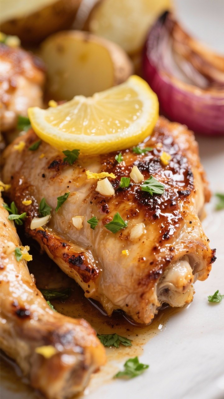 Close-up detail — lemon garlic chicken finish: Tight macro of juicy lemon garlic chicken thighs ju