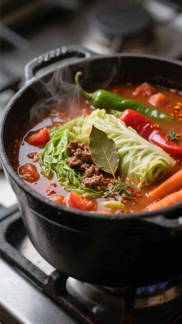 Close-up detail: Low-carb cabbage roll soup simmering in a matte-black Dutch oven, showing tender gr