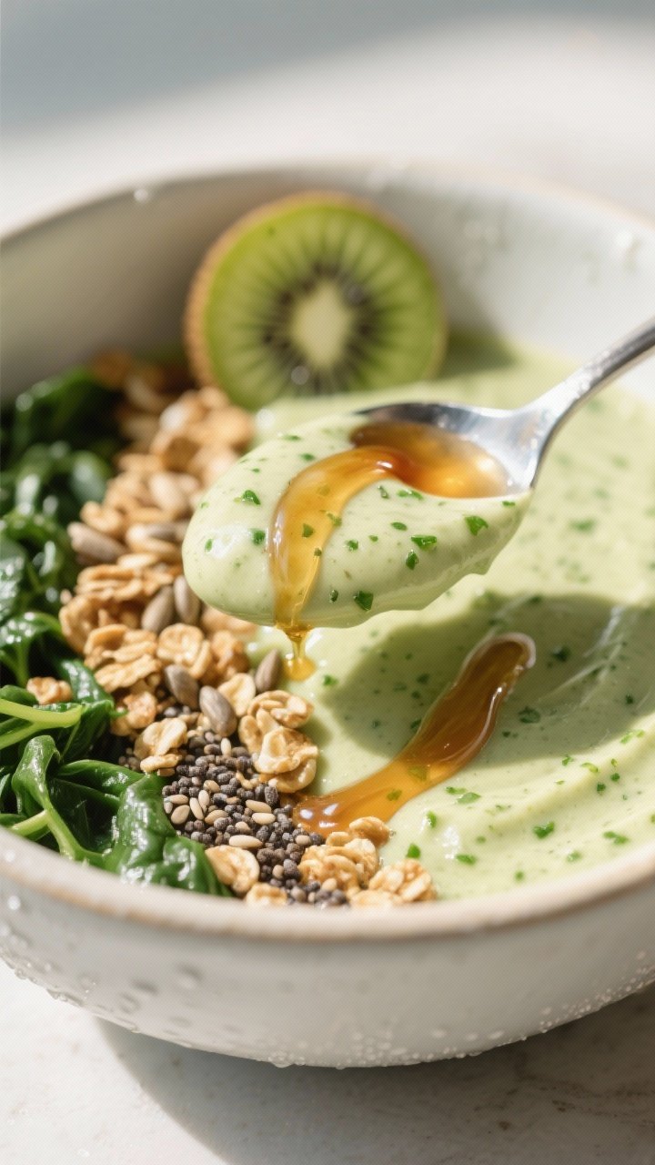 Close-up detail: Macro close-up of a spoon scooping through the smoothie bowl, showcasing ultra-crea