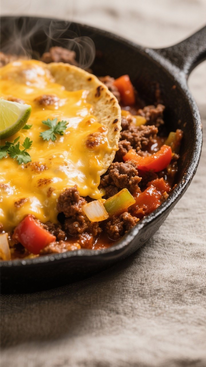 Close-up detail: Melted cheese blanket on a Tex-Mex Keto Taco Skillet in a cast-iron pan, showing bu