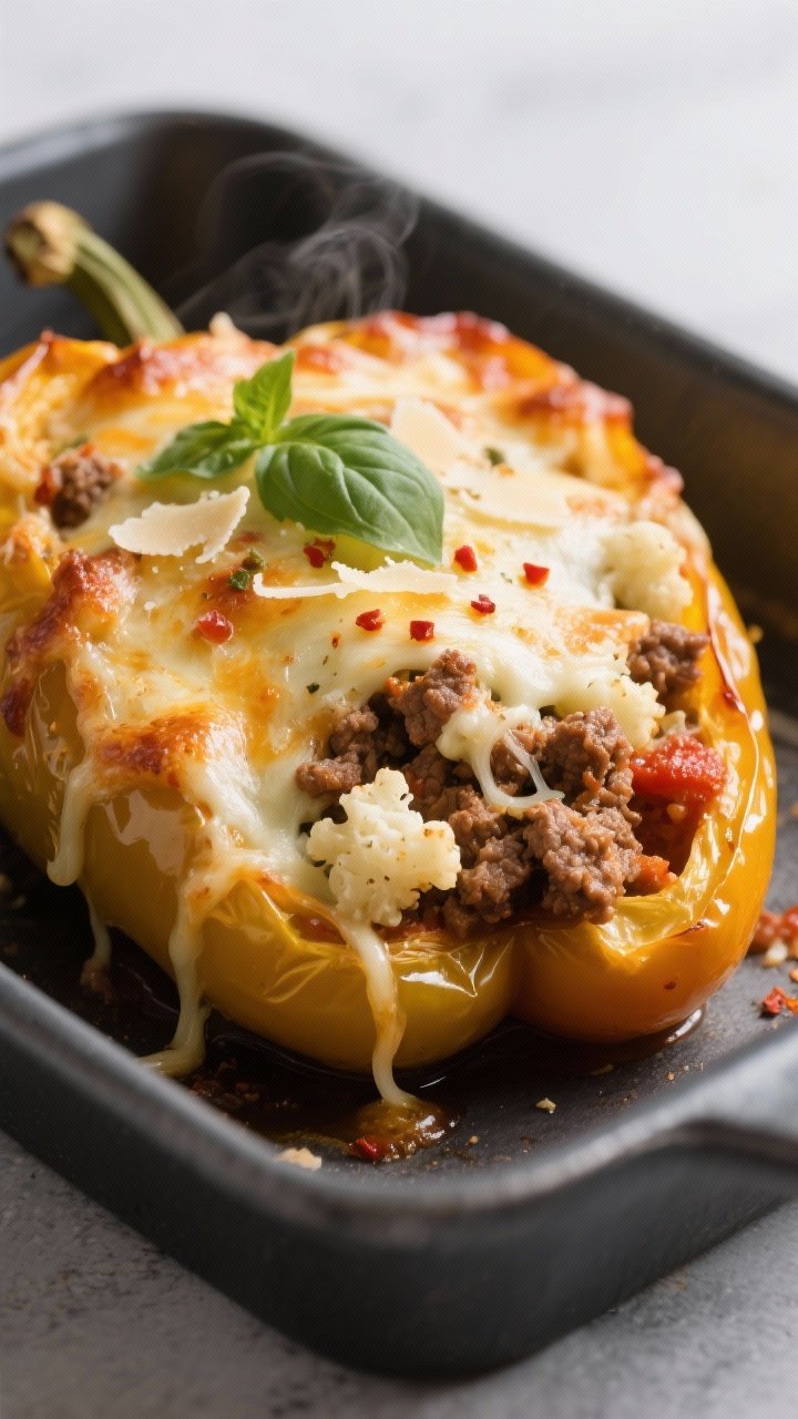 Close-up detail: Melty, golden-brown low-carb stuffed pepper just out of the oven, cheese lightly bl