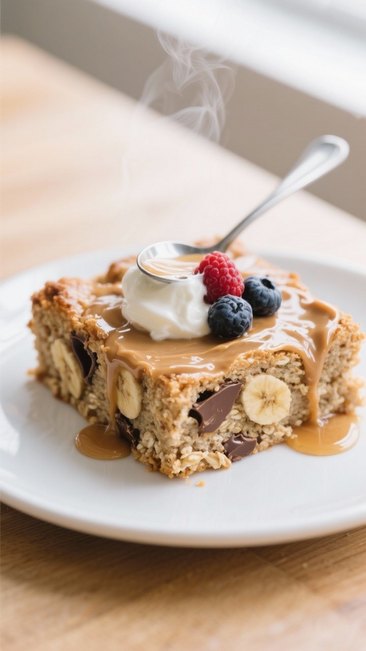 Close-up detail of a plated square of the Almond Butter Protein Oatmeal Bake served warm, drizzled w