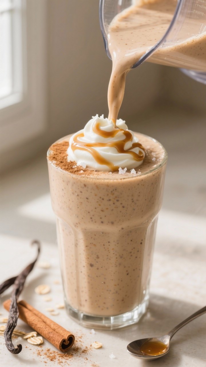 Close-up detail of a thick, creamy cinnamon roll protein smoothie being poured from a blender into a