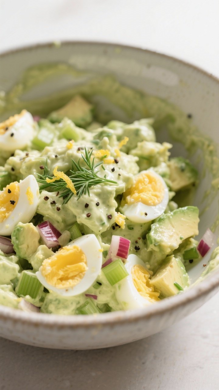 Close-up detail of creamy avocado egg salad being gently folded together in a ceramic mixing bowl: v