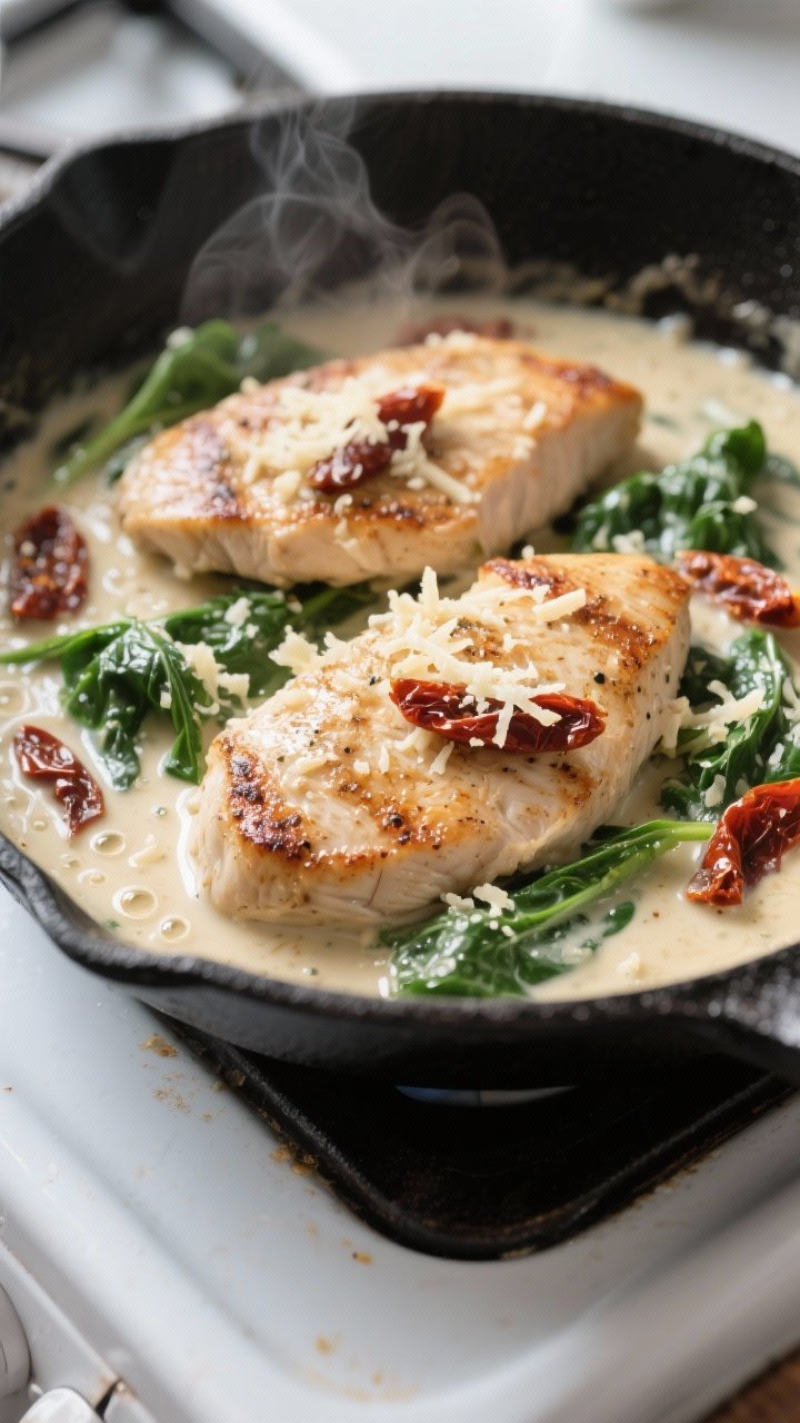 Close-up detail of seared chicken cutlets nestled in a creamy garlic-parmesan sauce mid-simmer in a