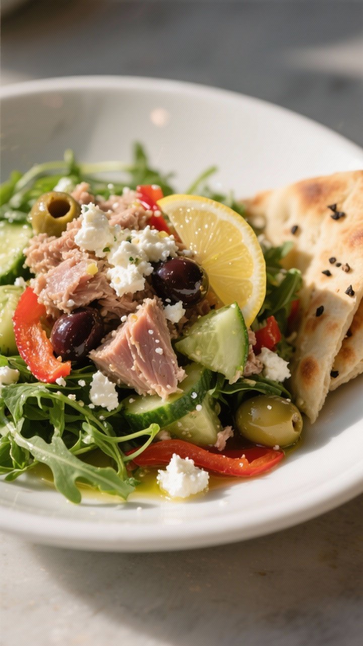 Close-up detail of the final plated Mediterranean Tuna Salad piled over baby arugula in a shallow wh
