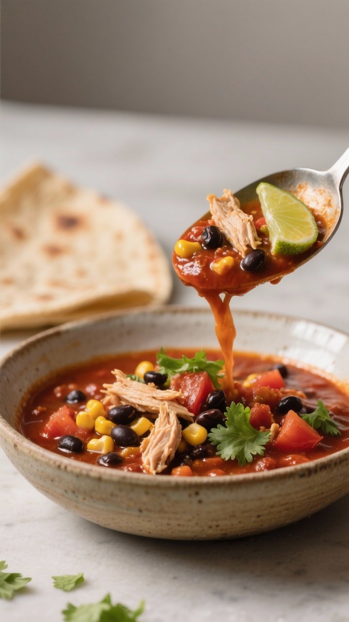 Close-up detail, plated entrée: Tight 45-degree close-up of a ladle pouring the finished chili into
