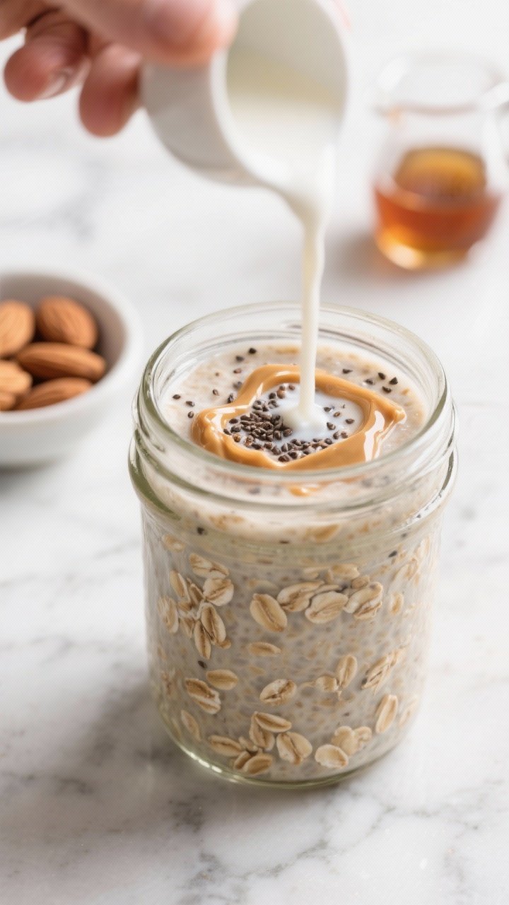 Close-up detail, process shot: A 12–16 oz glass jar on a cool marble surface filled with freshly m