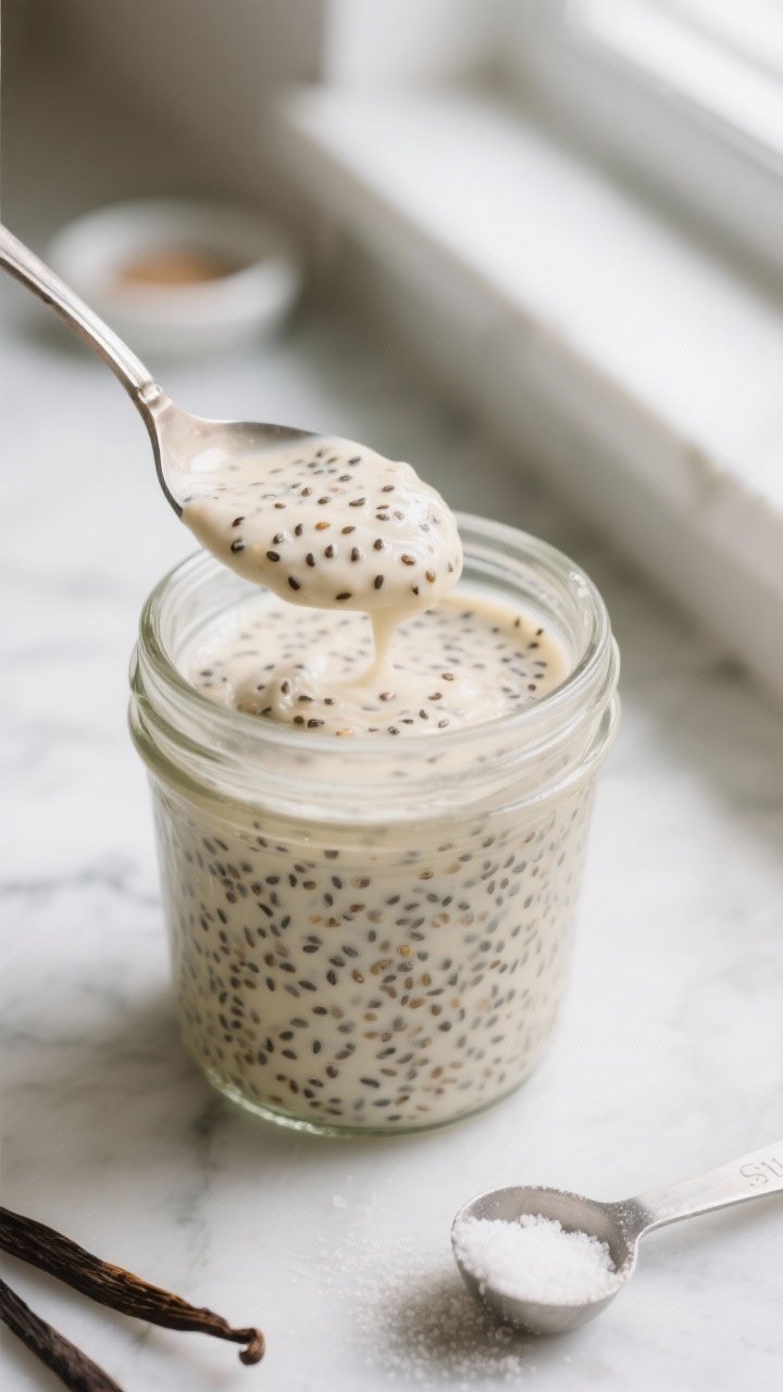 Close-up detail, process shot: A mason jar of vanilla protein chia seed pudding right after the “s