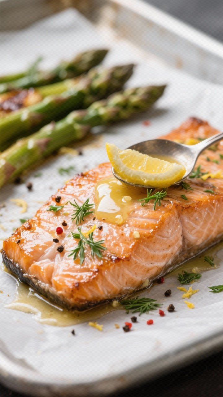 Close-up detail: Roasted salmon fillet just out of the oven with crisped edges and glossy lemon-herb