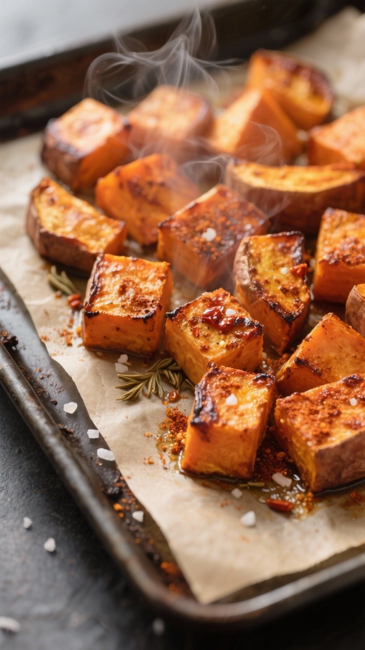 Close-up detail: Roasted sweet potato cubes fresh from the oven on a parchment-lined sheet pan, edge