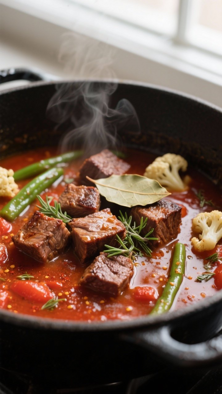 Close-up detail: Sear-kissed beef cubes nestled in a simmering, rich tomato-beef broth with visible