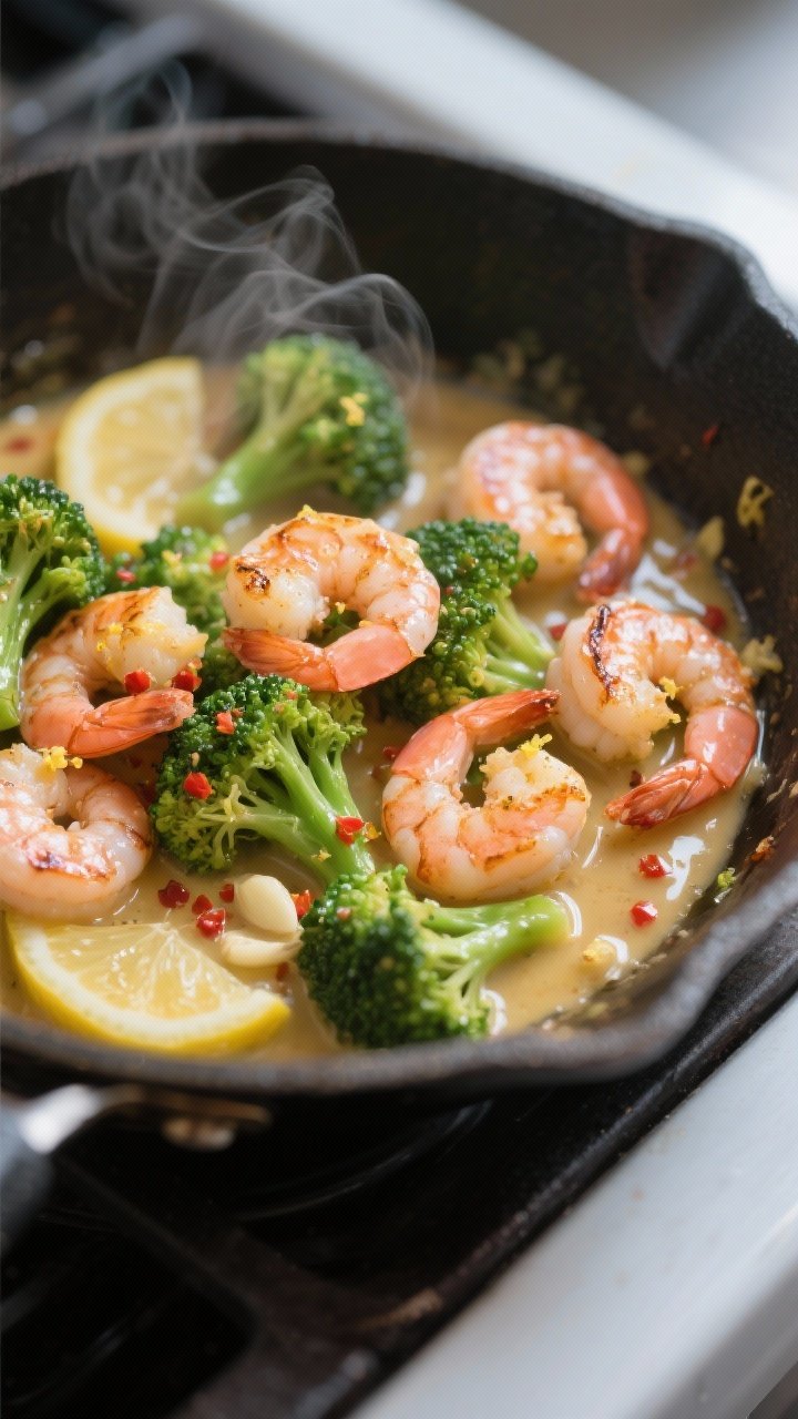 Close-up detail: Sear-kissed shrimp and crisp-tender broccoli tossed in glossy lemon-butter pan sauc