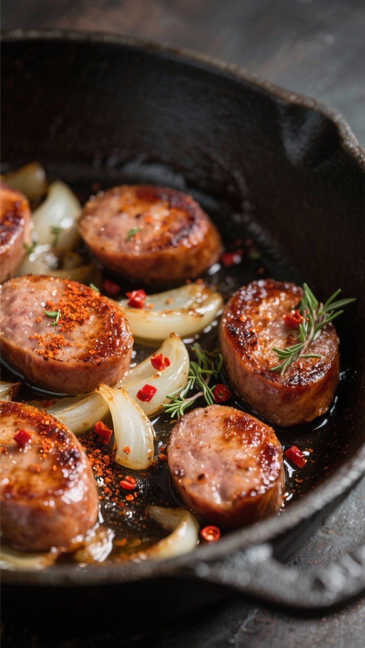 Close-up detail: Seared smoked sausage coins sizzling in a Dutch oven with translucent onions and sp