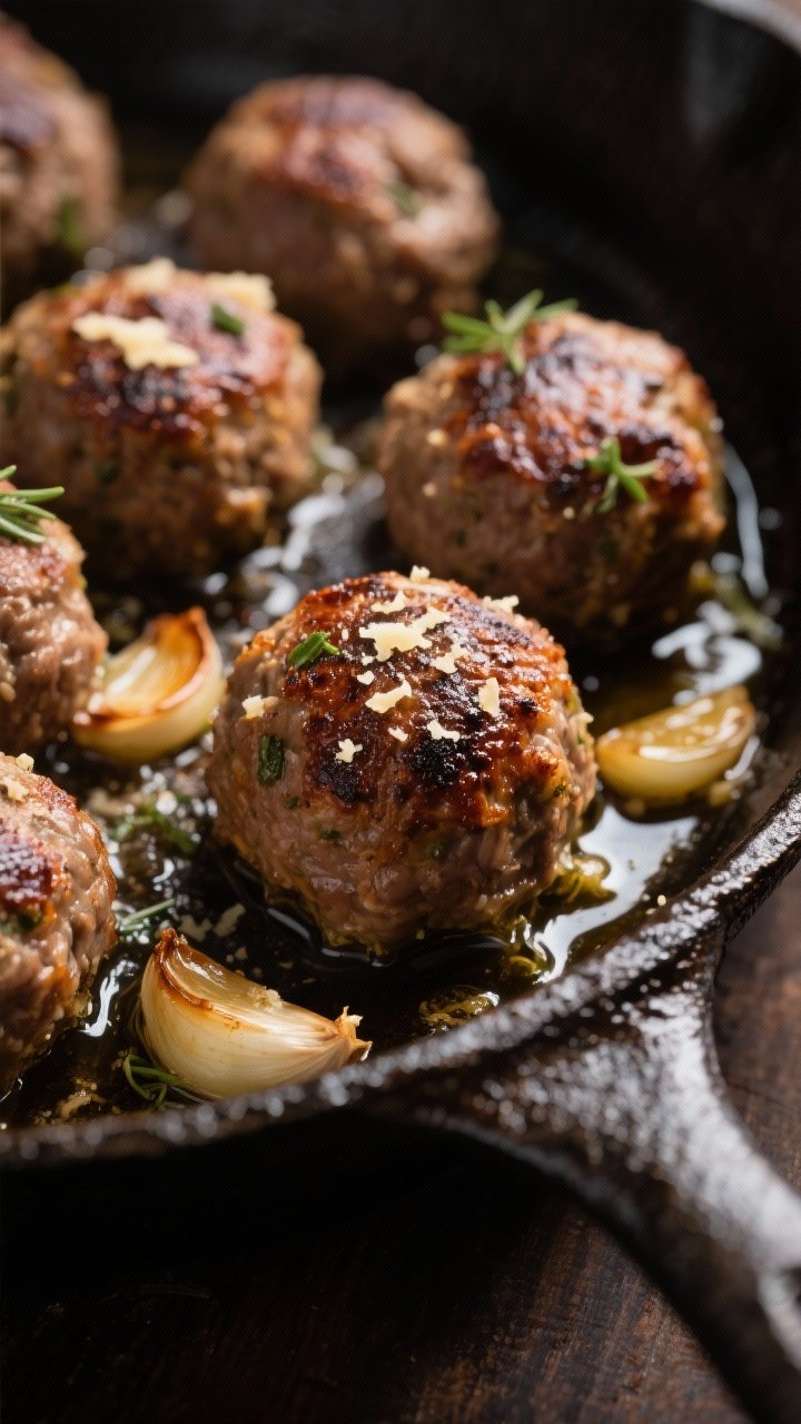 Close-up detail: Searing keto meatballs in a cast-iron skillet, deeply browned crust with rendered o
