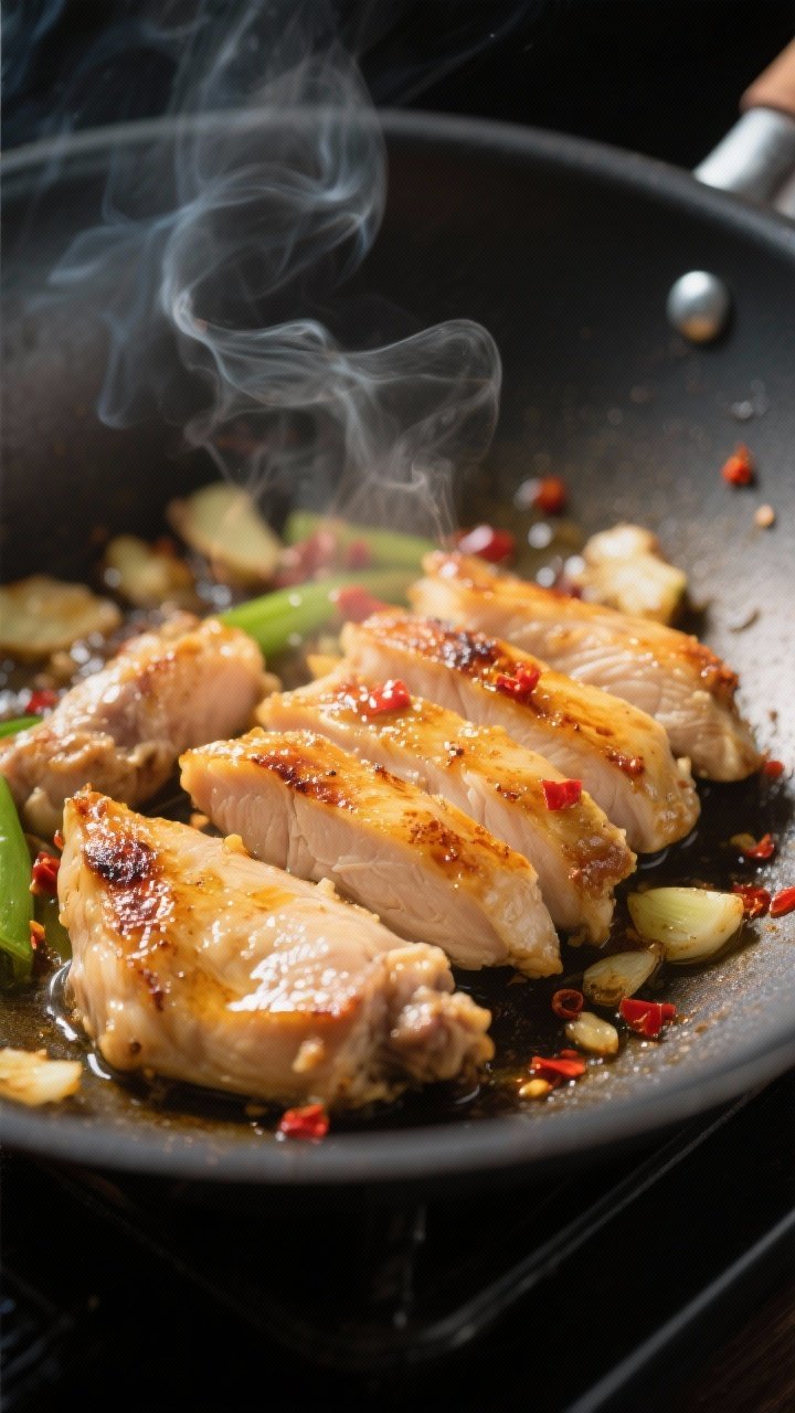 Close-up detail: Searing slices of chicken thigh in a wok during the stir-fry, golden-brown edges wi