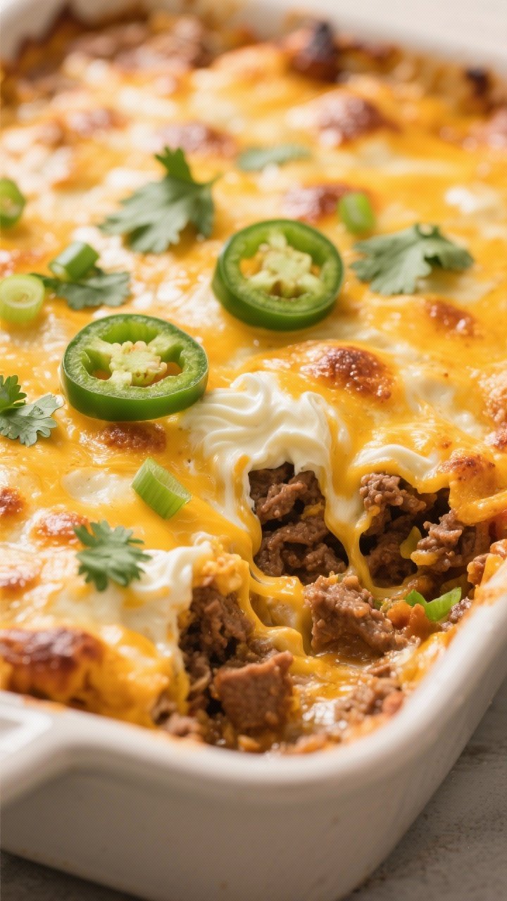 Close-up detail shot: A bubbling layer of melted cheddar and Monterey Jack on the Keto Taco Casserol