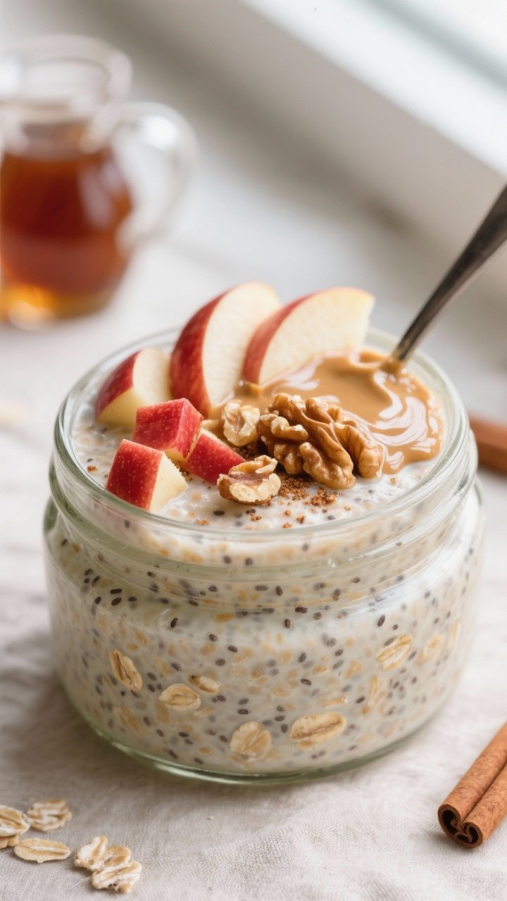 Close-up detail shot: A chilled jar of high-protein apple cinnamon overnight oats just after stirrin
