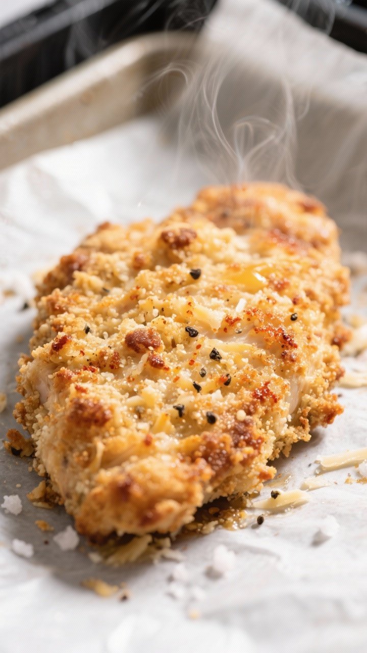Close-up detail shot: A crispy, golden-brown Garlic Parmesan Keto Chicken cutlet fresh from the air 