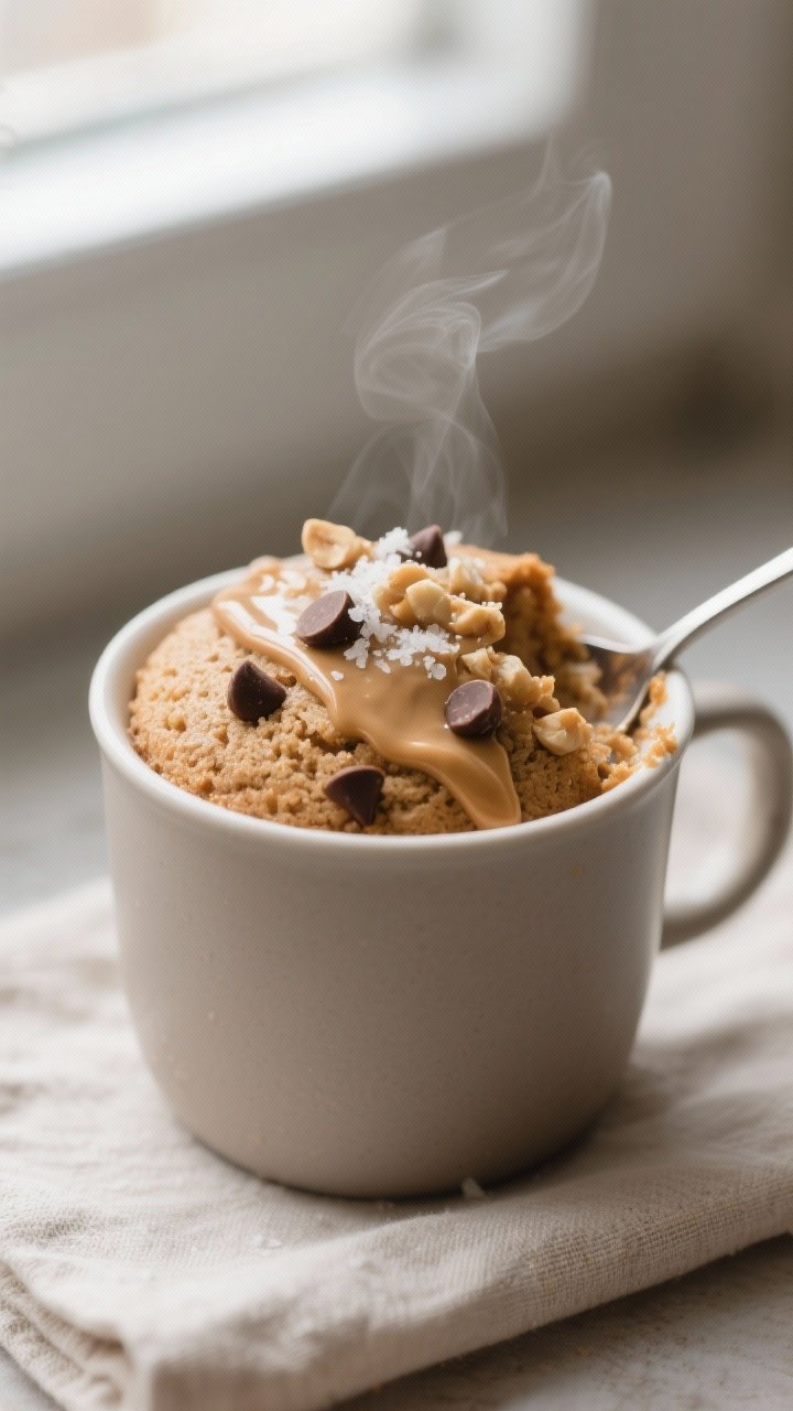 Close-up detail shot: A freshly microwaved keto peanut butter mug cake still in the mug, top set and