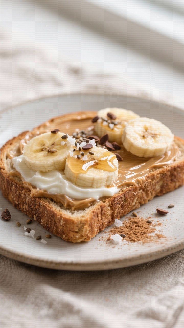 Close-up detail shot: A freshly toasted slice of whole-grain bread topped with a warm, glossy layer 
