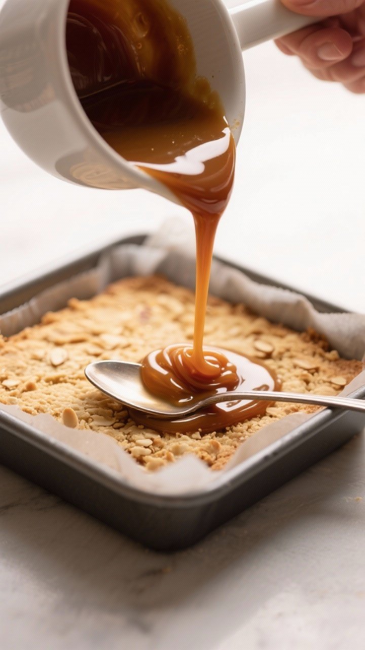 Close-up detail shot: A glossy, deep-amber keto caramel being poured in a silky ribbon over a fully 