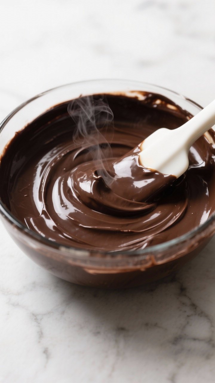 Close-up detail shot: a glossy, freshly stirred keto chocolate ganache in a heatproof bowl, velvety 