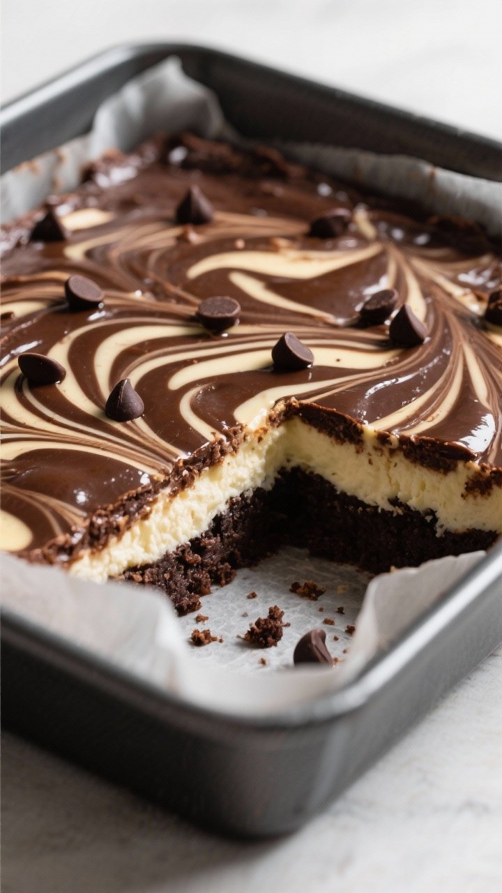 Close-up detail shot: A just-baked pan of keto cheesecake brownies with dramatic chocolate-and-vanil