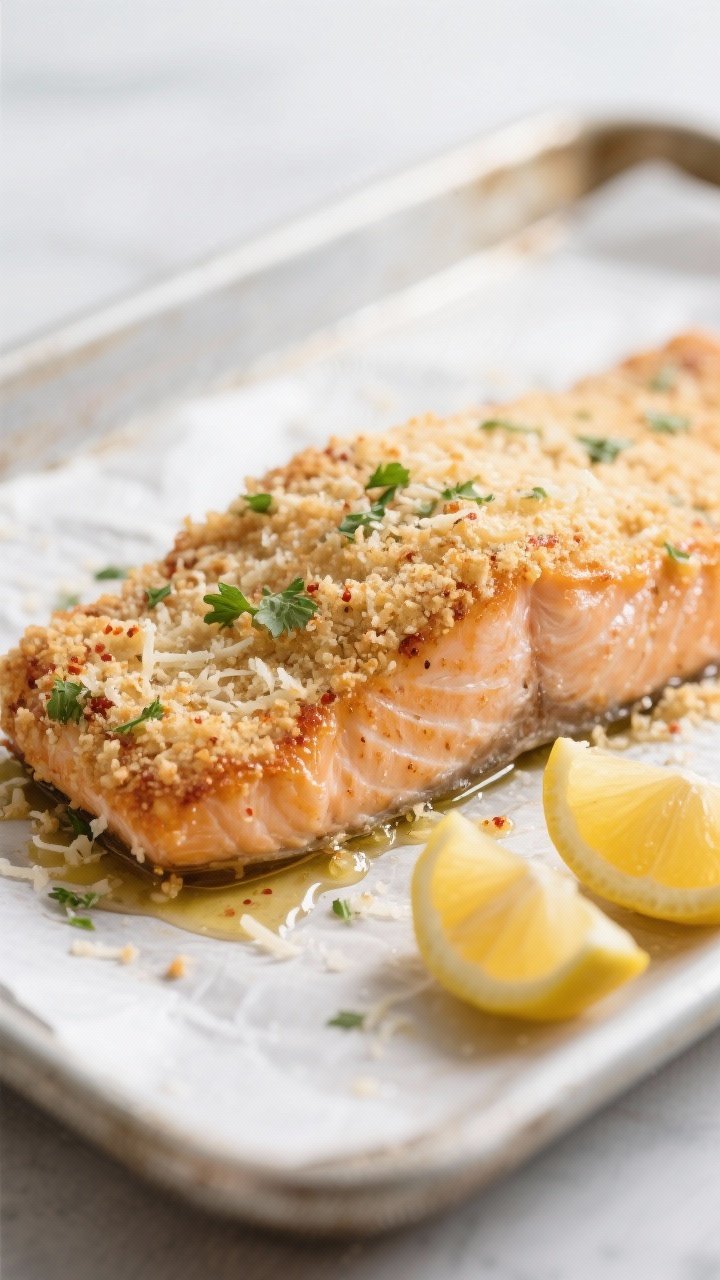 Close-up detail shot: A just-baked Parmesan-crusted salmon fillet on a parchment-lined sheet pan, cr