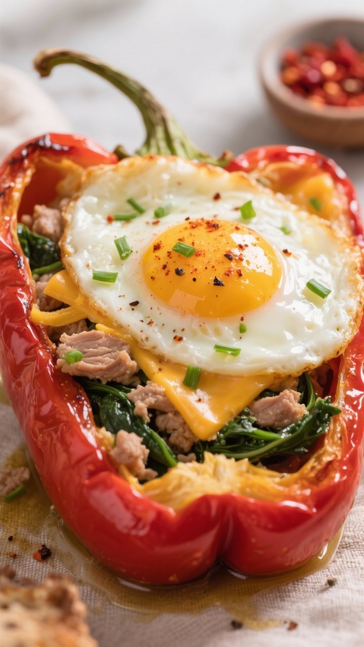 Close-up detail shot: A just-baked turkey and egg stuffed pepper cut open to reveal the creamy, cust