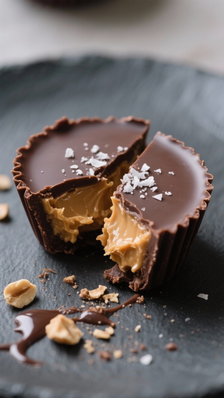 Close-up detail shot: A just-set keto peanut butter cup cut in half to reveal the thick, creamy pean